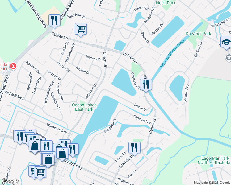 map of restaurants, bars, coffee shops, grocery stores, and more near 2076 Bierce Drive in Virginia Beach
