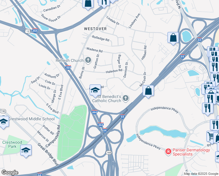 map of restaurants, bars, coffee shops, grocery stores, and more near 445 McCosh Drive in Chesapeake