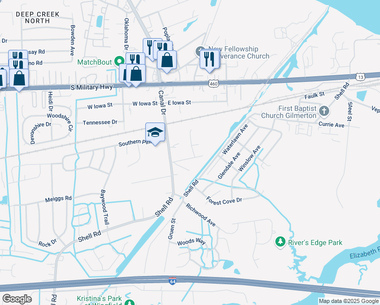 map of restaurants, bars, coffee shops, grocery stores, and more near 701 Meta Pointe Drive in Chesapeake
