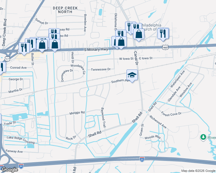 map of restaurants, bars, coffee shops, grocery stores, and more near 715 Pinehurst Drive in Chesapeake