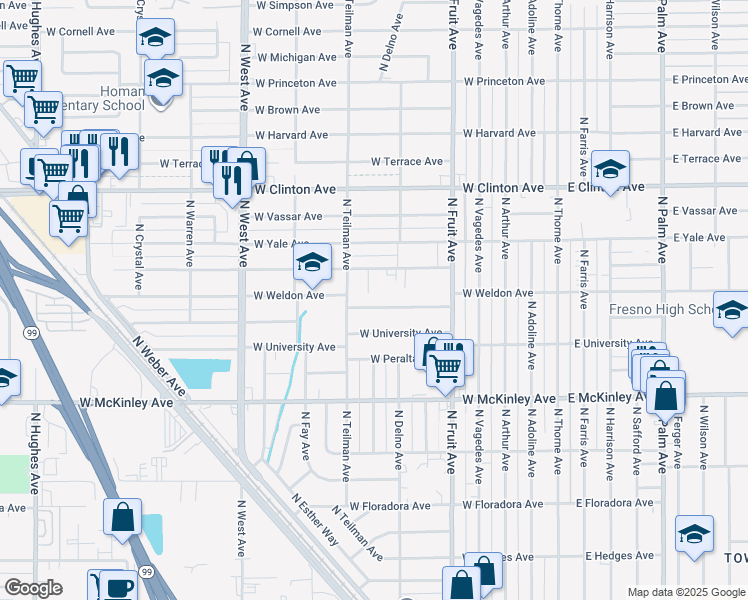 map of restaurants, bars, coffee shops, grocery stores, and more near 824 West Weldon Avenue in Fresno