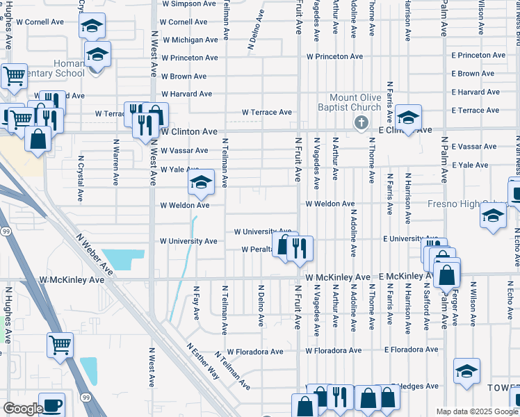 map of restaurants, bars, coffee shops, grocery stores, and more near 708 West Weldon Avenue in Fresno