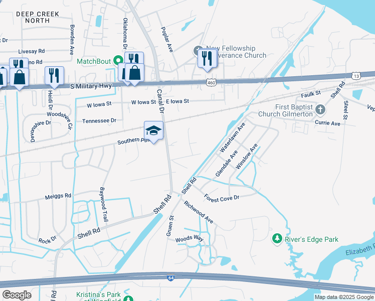map of restaurants, bars, coffee shops, grocery stores, and more near 701 Meta Pointe Drive in Chesapeake