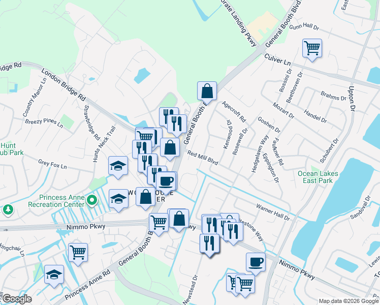 map of restaurants, bars, coffee shops, grocery stores, and more near 2201 Redmill Court in Virginia Beach