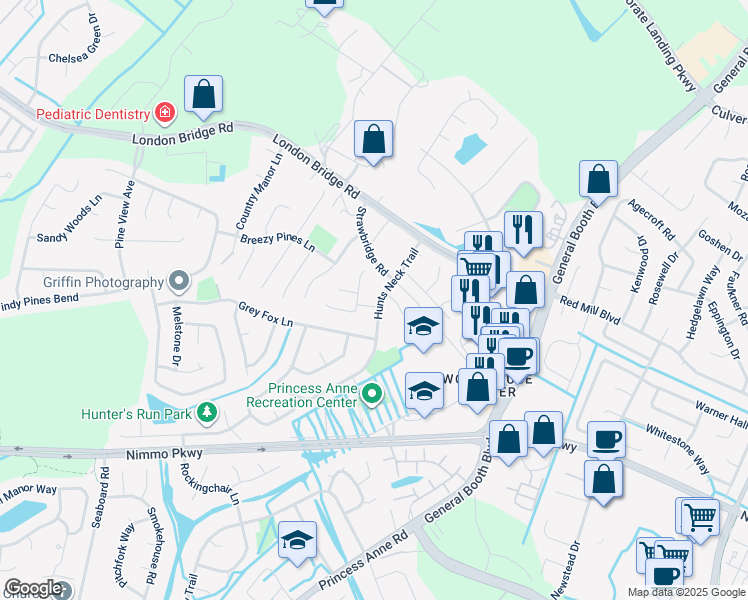map of restaurants, bars, coffee shops, grocery stores, and more near 2413 Hunts Neck Trail in Virginia Beach