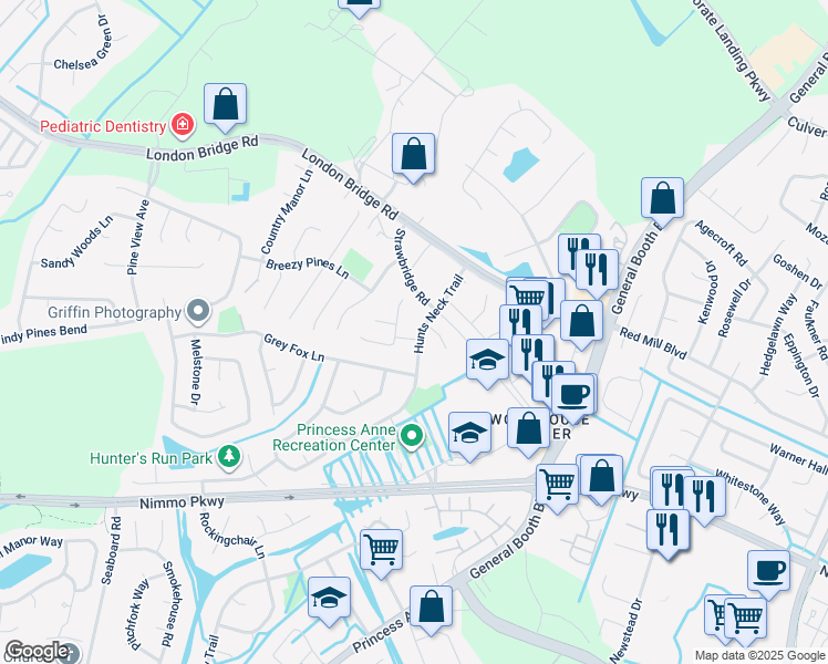 map of restaurants, bars, coffee shops, grocery stores, and more near 2413 Hunts Neck Trail in Virginia Beach