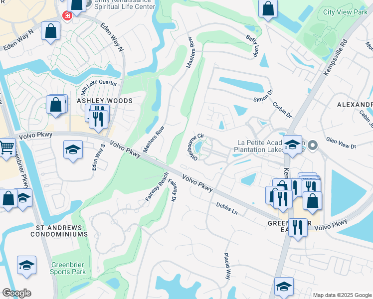 map of restaurants, bars, coffee shops, grocery stores, and more near 1440 Otterbourne Circle in Chesapeake
