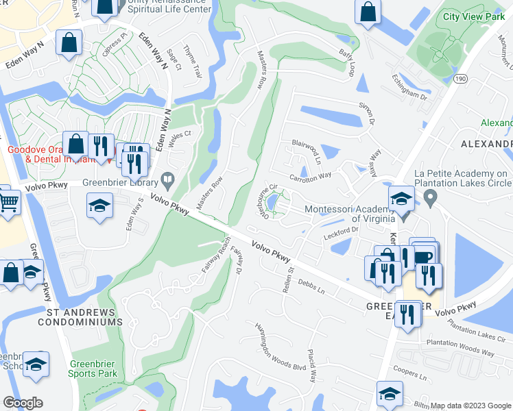 map of restaurants, bars, coffee shops, grocery stores, and more near 1440 Otterbourne Circle in Chesapeake