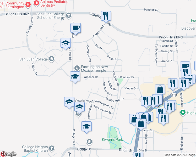 map of restaurants, bars, coffee shops, grocery stores, and more near 3801 Windsor Drive in Farmington