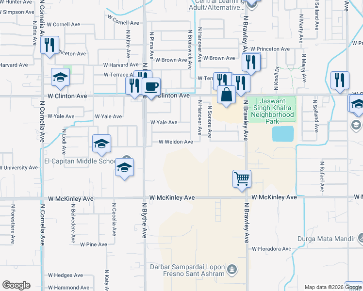 map of restaurants, bars, coffee shops, grocery stores, and more near 4247 West Weldon Avenue in Fresno