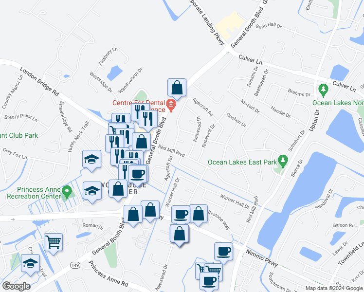 map of restaurants, bars, coffee shops, grocery stores, and more near 1193 Agecroft Court in Virginia Beach