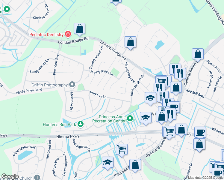 map of restaurants, bars, coffee shops, grocery stores, and more near 2360 Wilchester Glen Drive in Virginia Beach