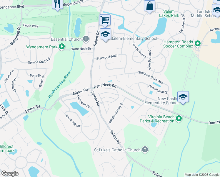 map of restaurants, bars, coffee shops, grocery stores, and more near 3920 Winwick Way in Virginia Beach
