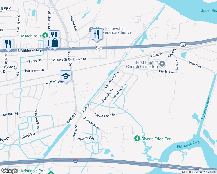 map of restaurants, bars, coffee shops, grocery stores, and more near 1405 Waterlawn Avenue in Chesapeake