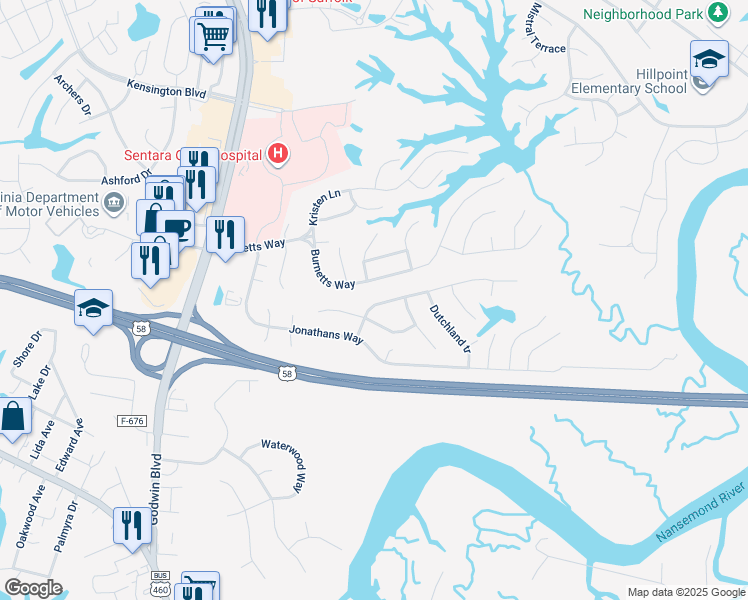 map of restaurants, bars, coffee shops, grocery stores, and more near 211 Fallawater Way in Suffolk