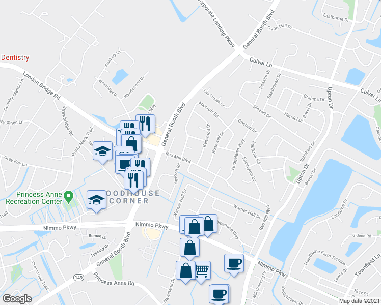 map of restaurants, bars, coffee shops, grocery stores, and more near 1193 Agecroft Court in Virginia Beach