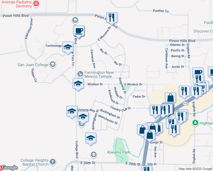 map of restaurants, bars, coffee shops, grocery stores, and more near 3801 Windsor Drive in Farmington