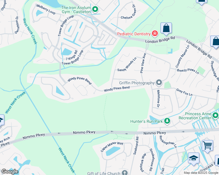 map of restaurants, bars, coffee shops, grocery stores, and more near 1969 Piney Woods Lane in Virginia Beach