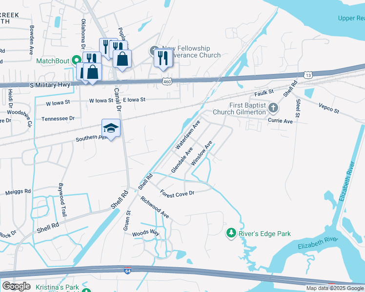 map of restaurants, bars, coffee shops, grocery stores, and more near 1405 Waterlawn Avenue in Chesapeake