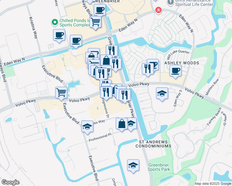 map of restaurants, bars, coffee shops, grocery stores, and more near 825 Volvo Parkway in Chesapeake