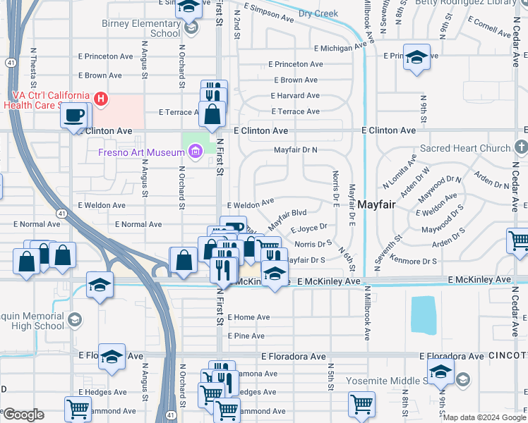 map of restaurants, bars, coffee shops, grocery stores, and more near 1940 Norris Drive West in Fresno