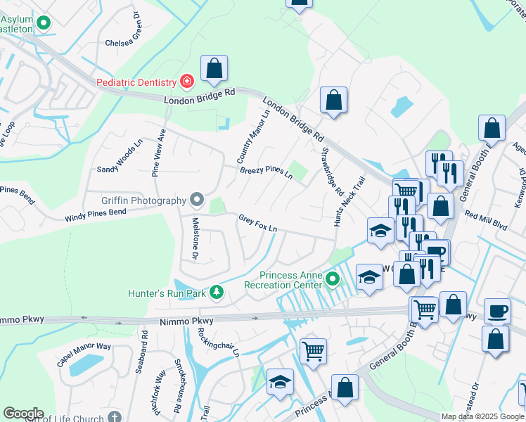 map of restaurants, bars, coffee shops, grocery stores, and more near 2337 Kilburton Priory Court in Virginia Beach