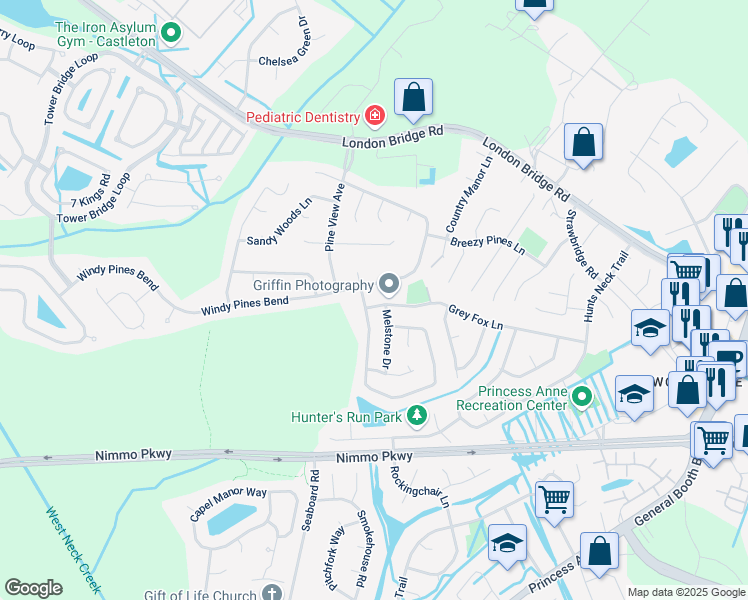 map of restaurants, bars, coffee shops, grocery stores, and more near 2137 Grey Fox Lane in Virginia Beach