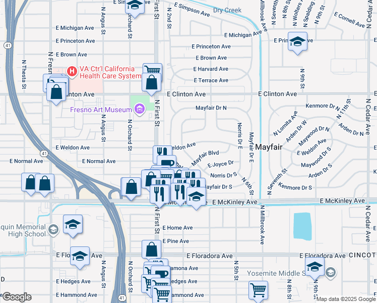 map of restaurants, bars, coffee shops, grocery stores, and more near 1940 Norris Drive West in Fresno