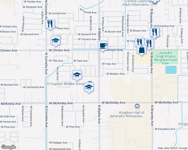 map of restaurants, bars, coffee shops, grocery stores, and more near 2211 North Mitre Avenue in Fresno