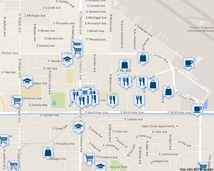map of restaurants, bars, coffee shops, grocery stores, and more near 1910 North Laureen Avenue in Fresno