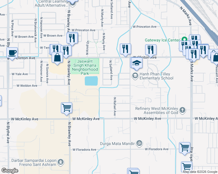 map of restaurants, bars, coffee shops, grocery stores, and more near 3512 West Normal Avenue in Fresno