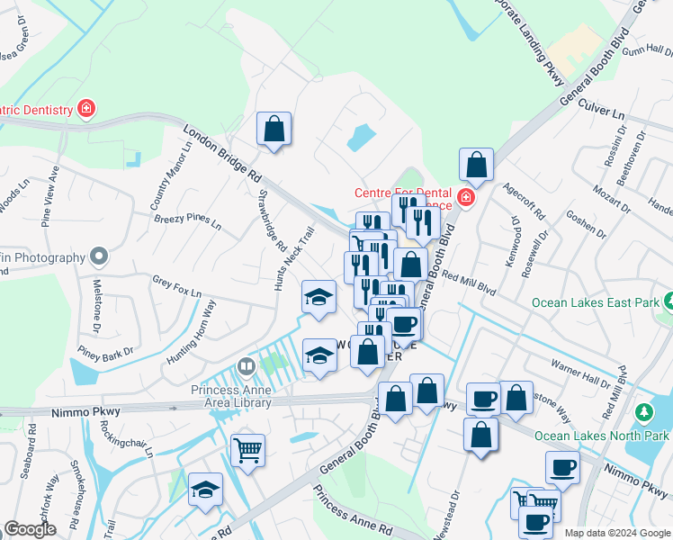 map of restaurants, bars, coffee shops, grocery stores, and more near 2033 Ealing Crescent in Virginia Beach