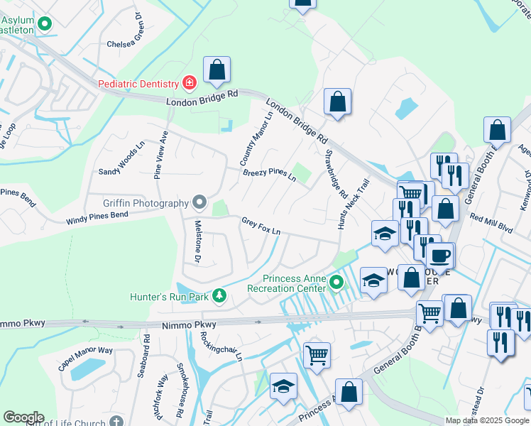 map of restaurants, bars, coffee shops, grocery stores, and more near 2337 Kilburton Priory Court in Virginia Beach