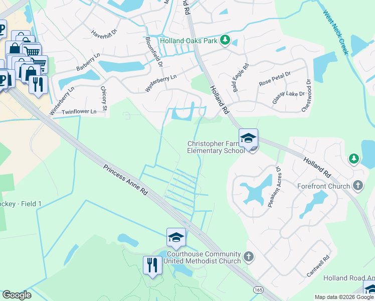 map of restaurants, bars, coffee shops, grocery stores, and more near 2930 Princess Anne Road in Virginia Beach