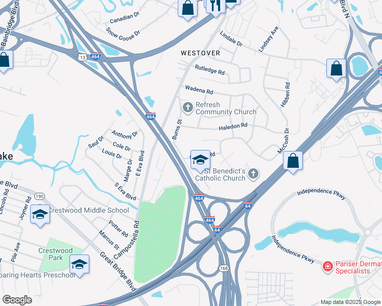 map of restaurants, bars, coffee shops, grocery stores, and more near 828 Dorcas Road in Chesapeake