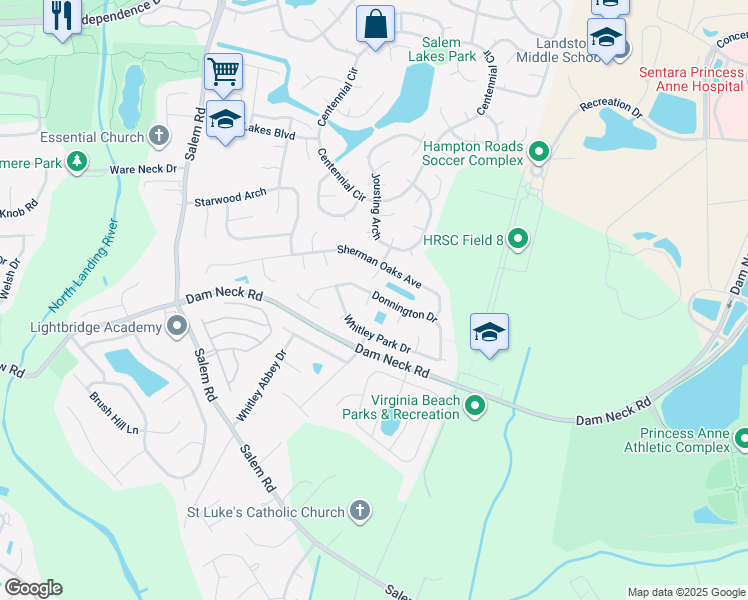 map of restaurants, bars, coffee shops, grocery stores, and more near 3861 Donnington Drive in Virginia Beach