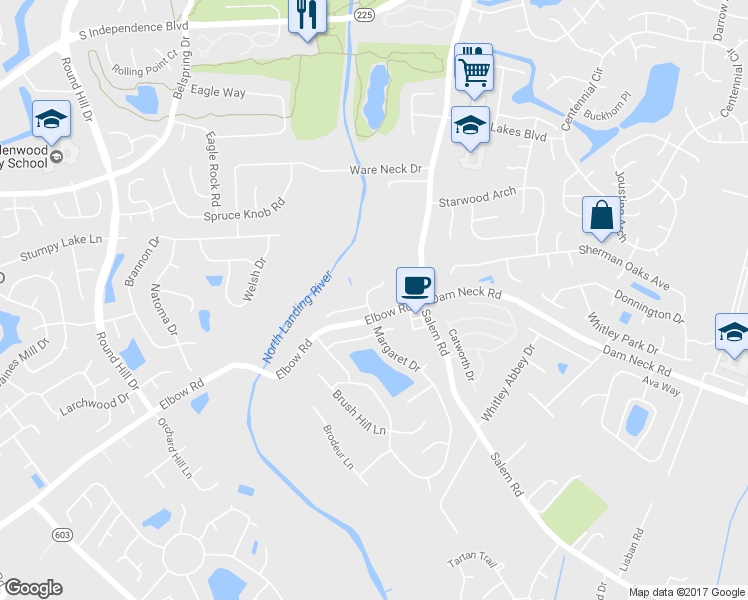 map of restaurants, bars, coffee shops, grocery stores, and more near 2020 Meadow Crest Way in Virginia Beach