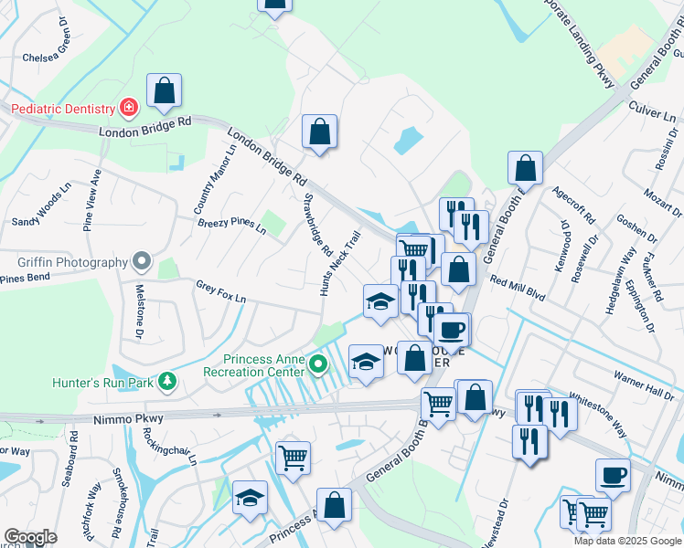 map of restaurants, bars, coffee shops, grocery stores, and more near 1916 Hunts Neck Court in Virginia Beach