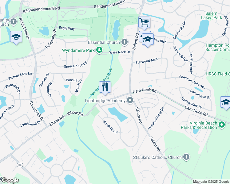 map of restaurants, bars, coffee shops, grocery stores, and more near 2020 Meadow Crest Way in Virginia Beach