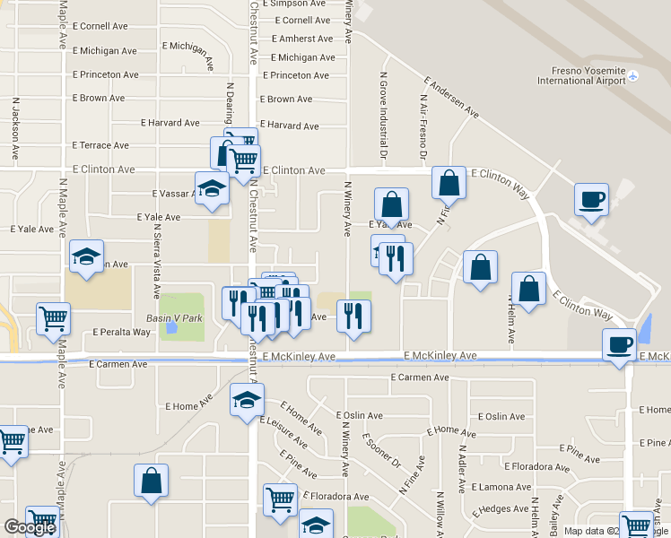 map of restaurants, bars, coffee shops, grocery stores, and more near 1910 North Laureen Avenue in Fresno