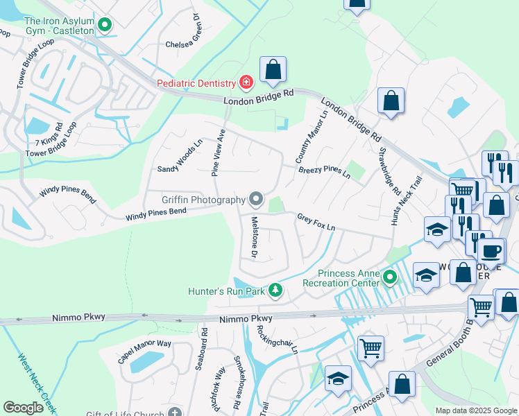 map of restaurants, bars, coffee shops, grocery stores, and more near 2134 Grey Fox Lane in Virginia Beach