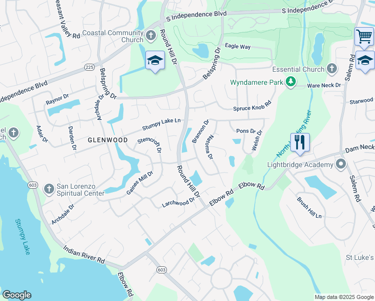 map of restaurants, bars, coffee shops, grocery stores, and more near 3688 Embers Drive in Virginia Beach