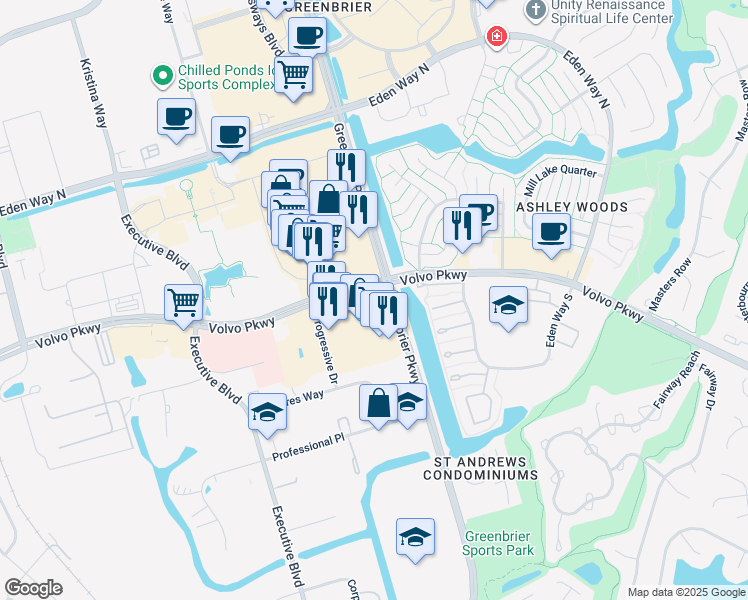 map of restaurants, bars, coffee shops, grocery stores, and more near 1172 Greenbrier Parkway in Chesapeake