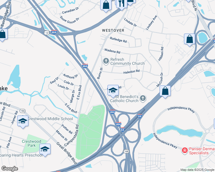 map of restaurants, bars, coffee shops, grocery stores, and more near 828 Dorcas Road in Chesapeake
