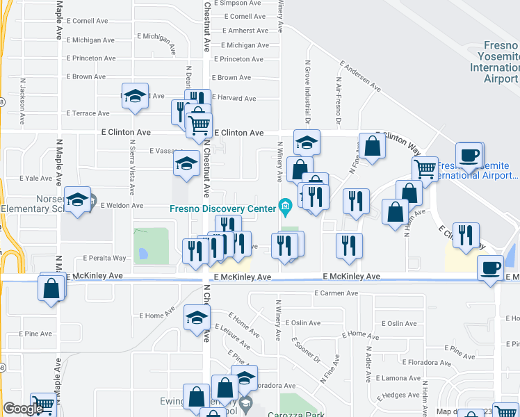 map of restaurants, bars, coffee shops, grocery stores, and more near 1910 North Laureen Avenue in Fresno