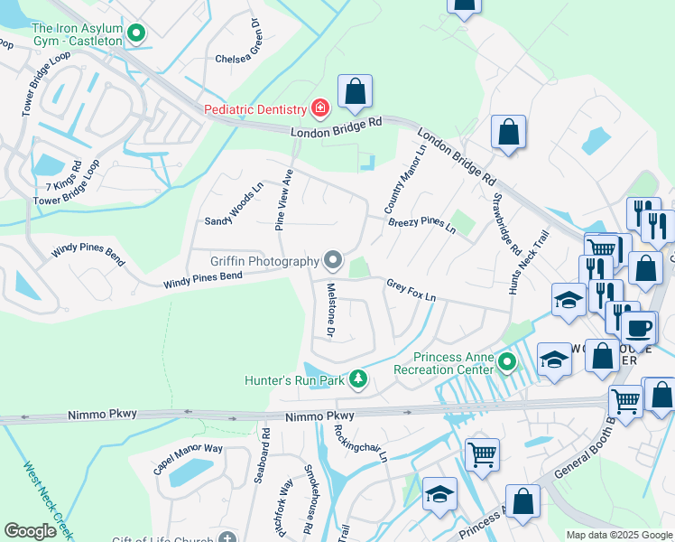 map of restaurants, bars, coffee shops, grocery stores, and more near 2134 Grey Fox Lane in Virginia Beach