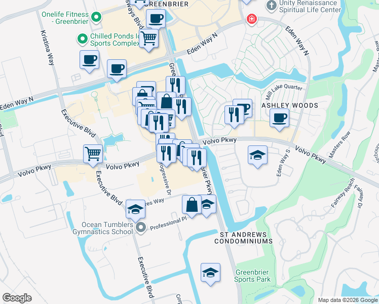 map of restaurants, bars, coffee shops, grocery stores, and more near 825 Volvo Parkway in Chesapeake