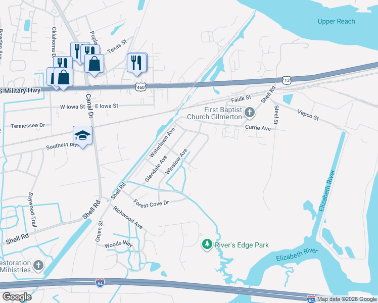 map of restaurants, bars, coffee shops, grocery stores, and more near 1436 Culpepper Avenue in Chesapeake