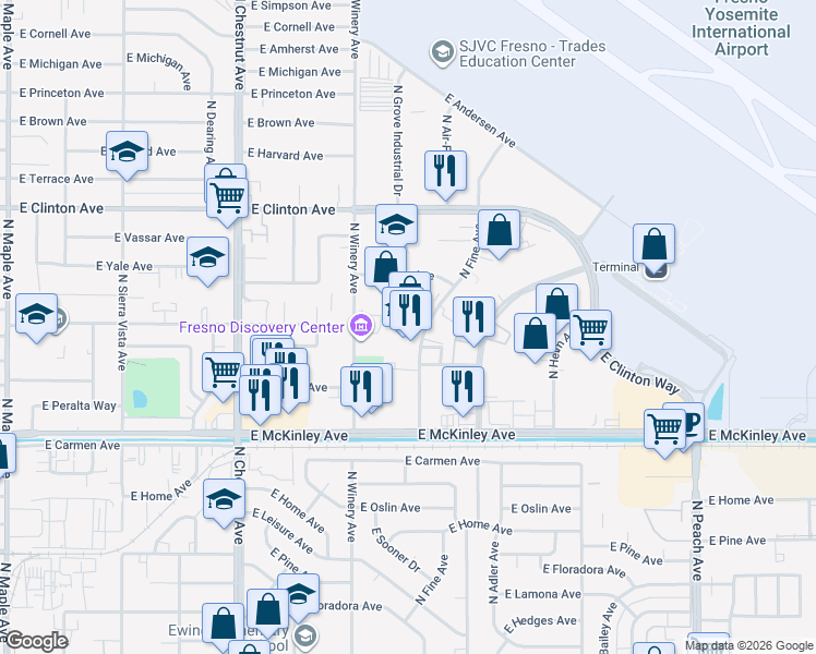 map of restaurants, bars, coffee shops, grocery stores, and more near 1923 North Fine Avenue in Fresno