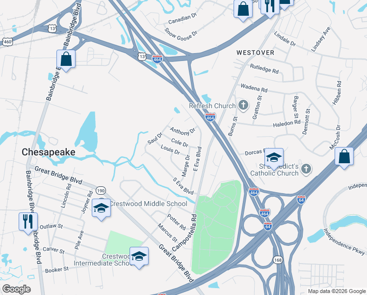 map of restaurants, bars, coffee shops, grocery stores, and more near 1241 Marge Drive in Chesapeake